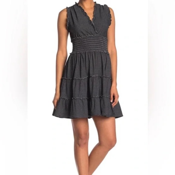 Max Studio Sz L Tank Stretch Midi Dress Sleeveless Short Smocked V Neck - Picture 1 of 8